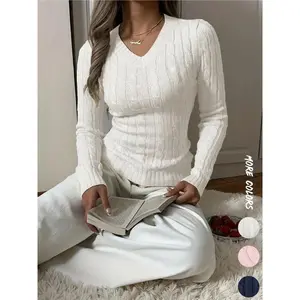 Women's V Neck Cable Knit Long Sleeve Pullover Sweater, Slim Fit Plain Color Knitwear for Fall & Winter, Classic Casual Daily Wear Back to School, Women Fall Outfit, Old Money Knit Top, Winter Sweater for Women