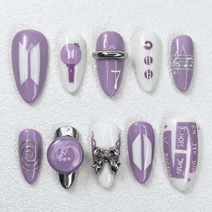 A42 Kpop Inspired Press-On Nails, Purple and White Glossy Base with Music Note, Ribbon Charm Design, Minimal Fan Style, Everyday Nails, Gift for Her