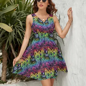 Colorful Vintage Trippy Witch Goddess Casual Ladies Sleeveless a-line flare Dress