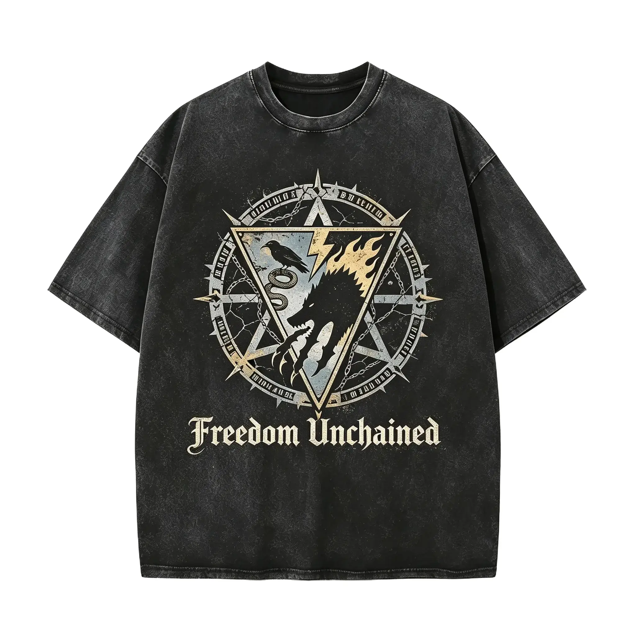A T-shirt featuring an emblem print inspired by Norse mythology—symbolizing untamed, wild power; perfect for mythology enthusiasts who favor Gothic, dark, or streetwear styles.