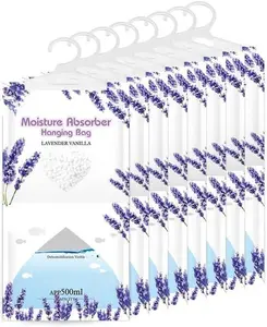 Hanging  Absorber, Lavender Vanilla Moistureproof Hanging BagDehumidifier Bag (8 packs) Hanging Closet Dehumidifier Bags,  Absorb 12.5 oz