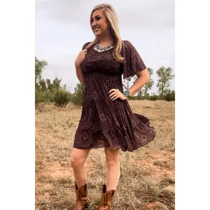 Sterling Kreek Women’s Short-Sleeve Bronzed Bloom Western Dress, Turquoise Accent, Feminine, Comfortable, Ideal for Pairing with Accessories