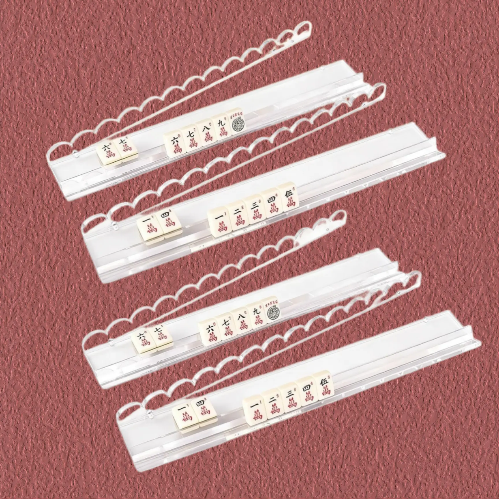 High-Grade Acrylic 4-Piece Sturdy Crystal-Clear Mahjong Racks with Pushers - Strategic Wave Shape, Ergonomic Construction, Balanced Weight, Board Game Accessories for 12+ Years, Ideal for Game Night & Gifting (Mahjong Enthusiasts Targeted),back to school