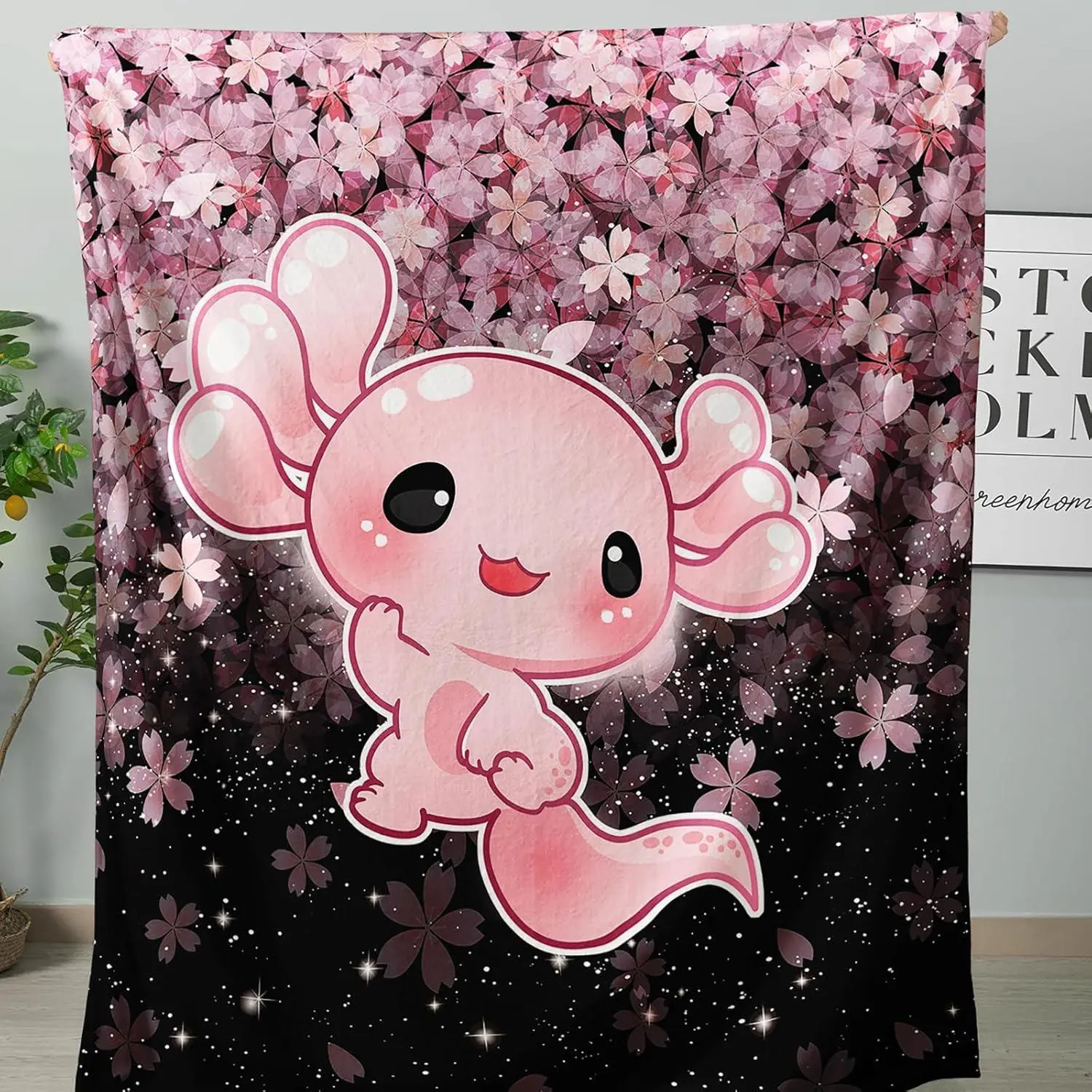 Kawaii Axolotl Kids Flannel Blanket, Cute Animal Super Soft Warm Cozy Flannel, Pink Lightweight Flannel Blanket Suitable for All Seasonss