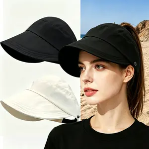 2-Pack Women's Ponytail Adjustable Bucket Hat, UPF 50+ Wide Brim Sun Hat, Foldable Fashion Sun Hat for Beach, Travel & Daily Use, Black & Off-White