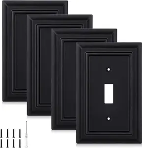 Matte Black Decorative Outlet Covers Wall Plates,  Fiber Light  Covers,  Material Electric Receptacle  Plate Outlet Cover of various styles (1 Gang Toggle 4 Pack)