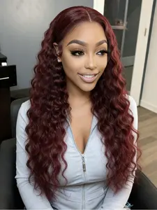 Burgundy Wine Red Loose Deep Wave Lace Front Wig, 28" Long Curly Heat Resistant Synthetic Hair, 13x4 HD Transparent Lace, Free Part, Pre-Plucked Hairline, Full & Bouncy, Curly Wigs