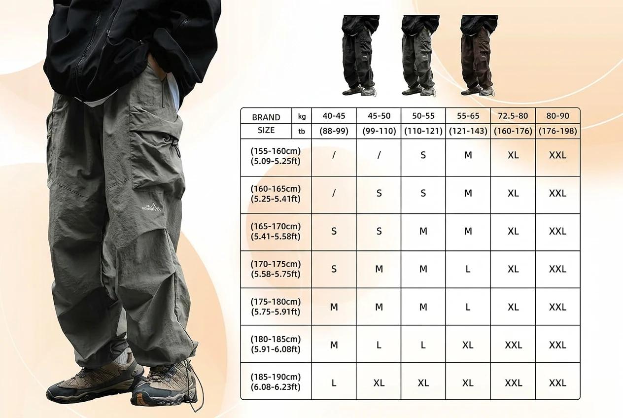 Unisex Baggy Cargo Parachute Pants, Lightweight Water-Resistant Outdoor Hiking Trousers, Loose-Fit Gorpcore Streetwear Pants for Men & Women Casual Elastic Waist Black