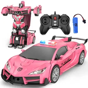 Remote Control Transforming Police Car, Rc Stunt Cars, Remote Controlled Car, One Button Auto Transformation, LED Lights, 360° Spin Drift, Unisex Toy for Kids 5-9 Years