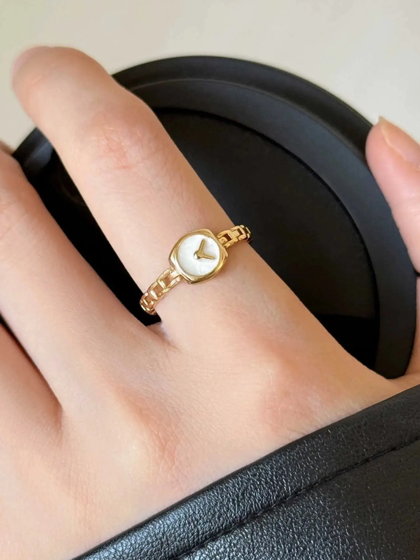Women's Watch Chain Ring, Enamel Drop Open Ring, Adjustable Open Rings, Everyday Ring, Minimalist Clock Design, High-End Elegant Jewelry, Trendy Fashion Accessory