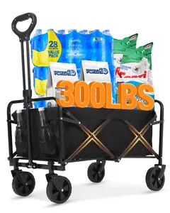 GARVEE 300LB Heavy-Duty Collapsible Wagon Cart - All-Terrain Folding Utility Cart with 360° Rotating Wheels and Built-in Drink Holders, Perfect for Beach, Camping, Gardening, Groceries, Sports, and Fishing in Black