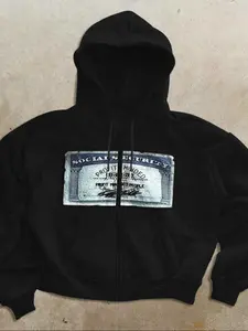 TikTok Viral "Profit Minded" Social Security Graphic Zip-Up Hoodie, Black, Oversized, Geometric, Edgy Streetwear Essential for Y2K & Grunge Aesthetic, Perfect for Bold Casual Outfits with Satirical Print, a Must-Have for Trendy Looks