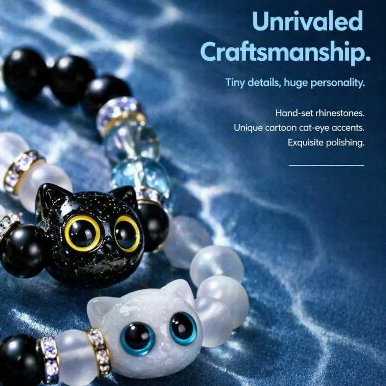 Cat & Magnetic Heart Couples Bracelets, Black Onyx & Crystal Beaded Bracelet Set for Adults, Anniversary & Friendship Day Gift with Satin Ribbon, Hand-Set, Heart Crystal Bracelets & Bangles