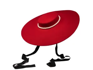 Ace Of Hats Compton Low Top Wide Brim Red Women's Fashion Hat 100% Australian Wool with Pearl Ribbon & Self-Tie Black Strap