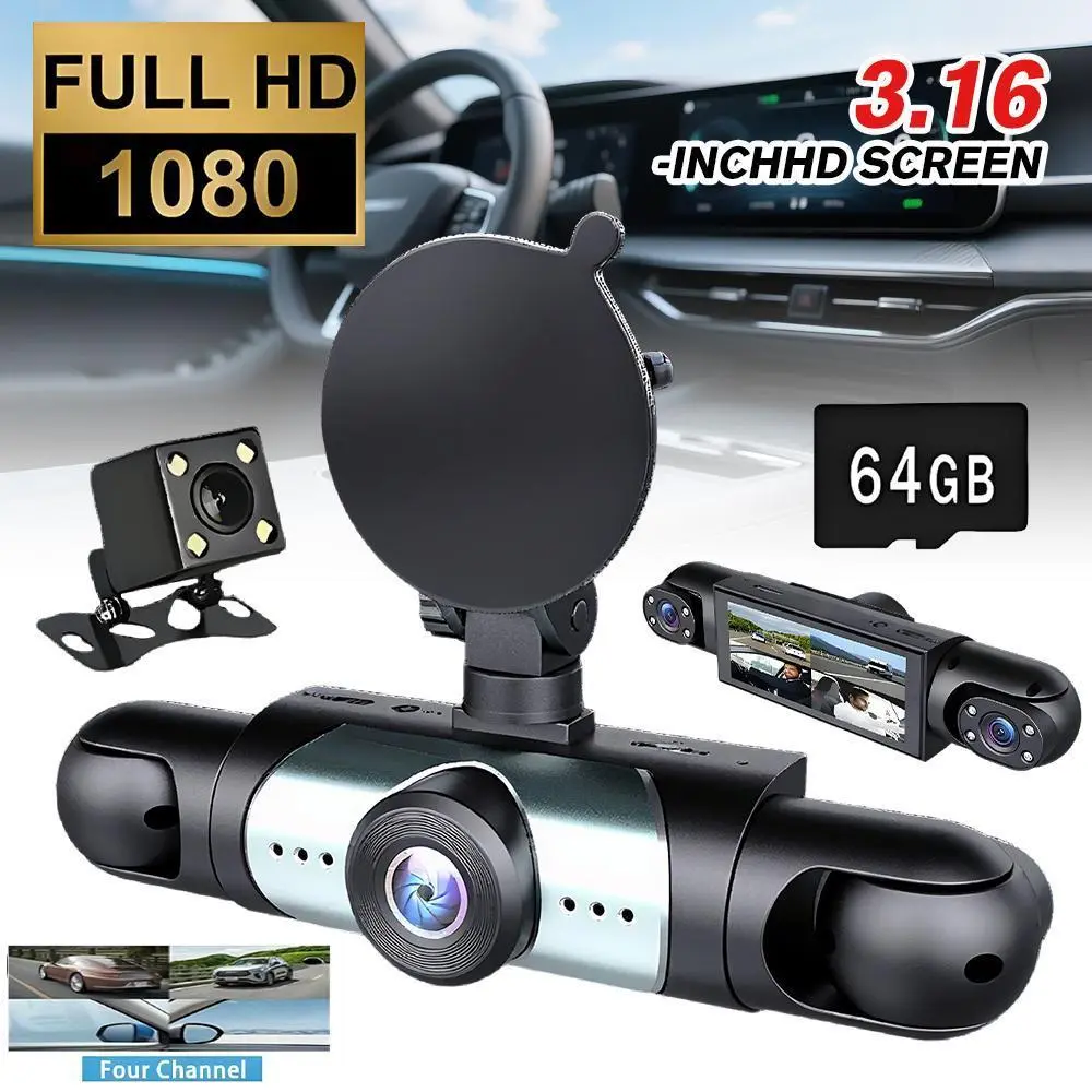 4-Channel Car Dash Cam with 64GB Memory Card Included, 360° HD 720p Full Surround View Front/Rear/Side Cameras, Night Vision, HDR, Loop Recording, G-Sensor for Car Owners