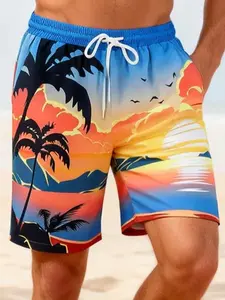 Men's Tropical Sunset Beach Print Casual Shorts Swim Trunks - Elastic Waist with Drawstring, Quick-Drying Fabric, Relaxed Fit for Vacation, Swimming, Lounging & Everyday Wear
