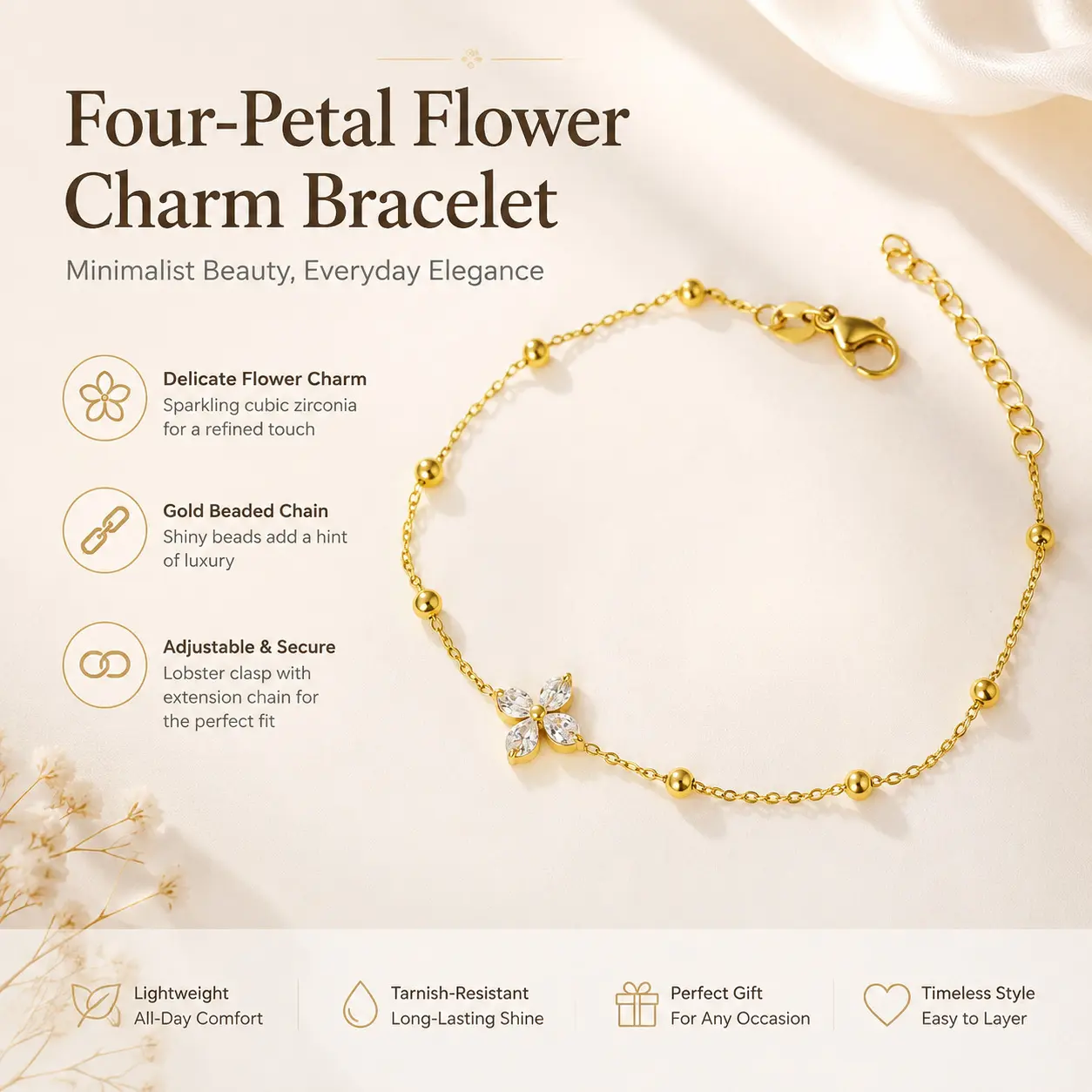 Dainty Four-Petal Flower Charm Bracelet with Gold Beads, Adjustable Lobster Clasp Link Chain, Elegant Minimalist Jewelry for Women