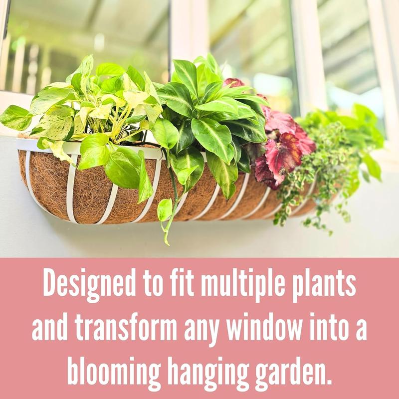 LaLaGreen Window Planter Box (24 Inch, 2 Pack) White Metal Deck Railing Flower Boxes with Coco Liners, Rectangular Wall Planters for Outdoor Plants Horse Troughs Fence Balcony Garden Herb Patio Porch