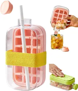 Portable Ice Cube Bottle with Straw, Easy Press Vertical Ice Maker Water Bottle, Leak Proof Summer Drink Cup for Camping, Beach, Picnic and Gym