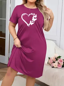 Summer Casual Plus Size Home Sleepwear Heart, Loungewear, Soft Comfortable Fabric, Breathable Loose Fit, Slight Stretch, Designed for Curvy Women