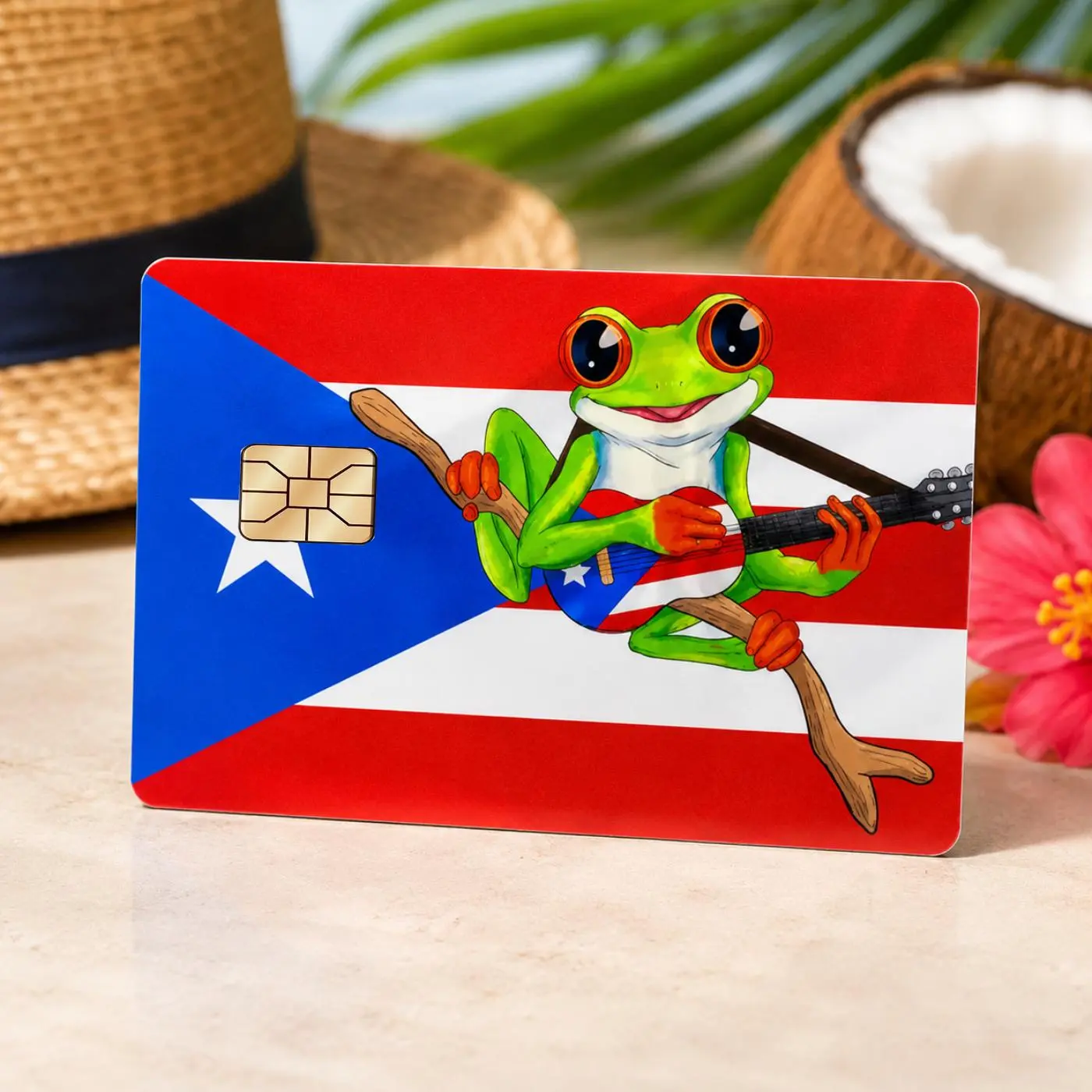 Puerto Rico Coqui Frog Credit Card Sticker, Cute Boricua Frog Playing Guitar Debit Card Skin, Puerto Rican Flag Card Cover Wrap