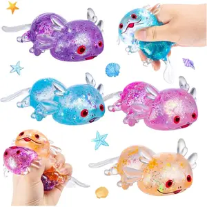 4PCS Glitter Axolotl Stress Relief Balls, Cute Sensory Fidget Squishy Toy for Adults Kids, Soothing Calming Decompression Set for Classroom Office, Birthday Party Favor Idea (4 Colors)