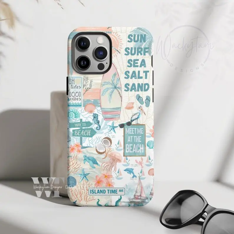 Coastal Summer Smartphone Casing - Beachy Collage Design, Ocean Vibes, Drop-Resistant Handheld Cellphone Case, UV Protection, Tough Finish for iPhone & Samsung Galaxy S25 Devices, Accessories