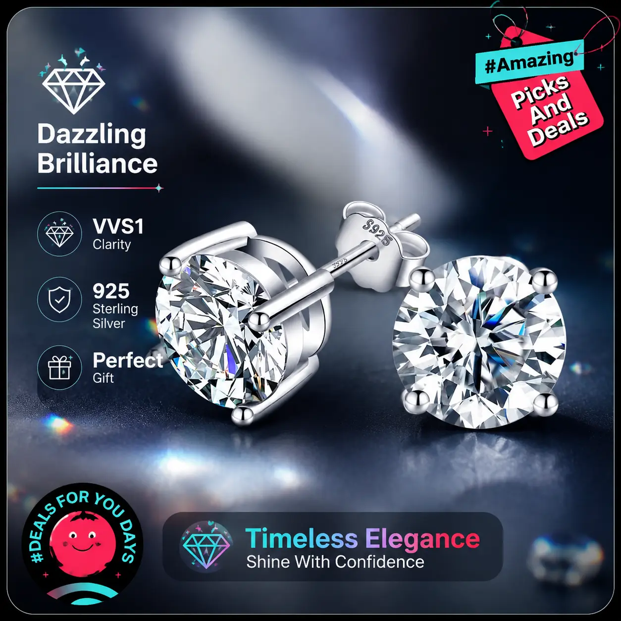 925 Sterling Silver Pretty Studs with Sparkling D Color VVS1 Moissanite, Hypoallergenic Rounded Earrings for Women & Men, Sparkling Ear Jewelry