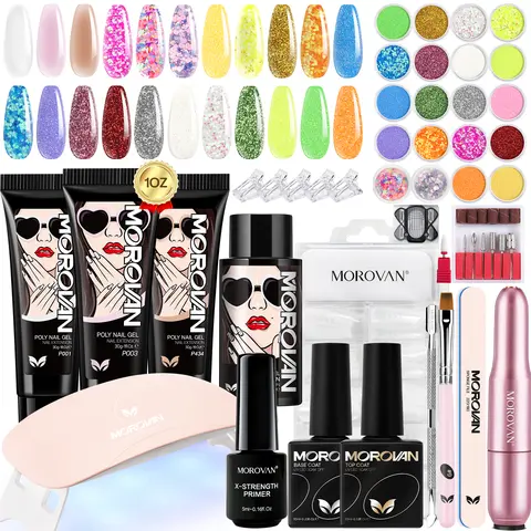MOROVAN Poly Gel Nail Kit - 20 Glitter Colors with Nail Lamp, Drill, Complete Supplies for Beginners, Salon-Quality Manicure & Extensions, Ideal Gift for Her, Nail Extensions