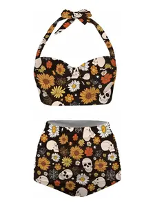 Black 1950s Floral Print Lace-Up Halter Swimsuitsummer outfits beach essentials vacation outfits