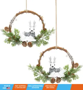 2pcs Small Christmas Wreath with Silver Reindeer, 9-inch Wreaths for Cabinets, Cabinet Wreaths for Kitchen Christmas, Outdoor Christmas Wreaths for Windows (Silver Reindeer)