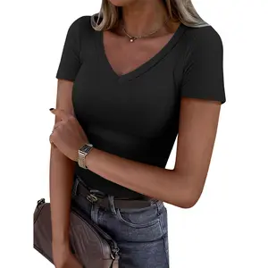 ANRABESS Women Short Sleeve Tops V Neck Rib Knitted Slim Fit Shirts Basic Tees 2026 Summer Casual T-Shirts Going Out Outfits Daily Wear Soft Tee