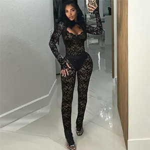 summer spring clothes 2025 new Sexy Black Jumpsuit Club Wear Baddies Outfit 2 Piece Set Transparent Lace Hollow Backless Pant Sets Womenswear Check
