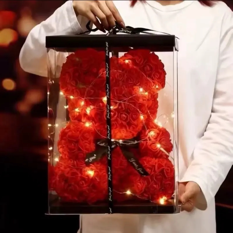 Rose Teddy Bear Artificial Flowers in Clear Gift Box with String Lights Red Color Decorative Items
