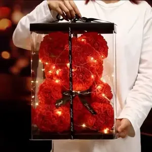 Rose Teddy Bear Artificial Flowers in Clear Gift Box with String Lights Red Color Decorative Items