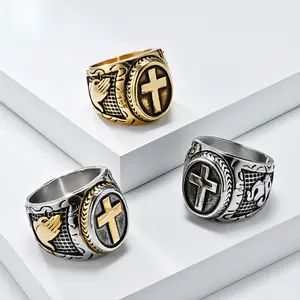 Vintage Praying Hands Cross Titanium Steel Ring Men's Hip Hop Accessories