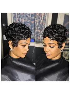 Brazilian Virgin Human Hair Wig Glueless Pixie Cut with Bangs - Black Color | Looking Layered Deep Wave & Loose Curly Hairstyles | 150% Density Rose Net for Women Suitable for Daily Wear, Party, Halloween & Easy Maintenance