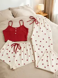Trendy Heart Print 3pcs Pajama Set - Casual Cami, Shorts & Pants Loungewear for Sleep, Lounge & Daily Wear