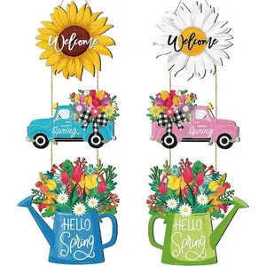 Spring Farmhouse Style Hanging Decorative Signs Set, Sunflower & Daisy Welcome Door Hanger, Spring Floral Truck Wall Art, Ideal Gift
