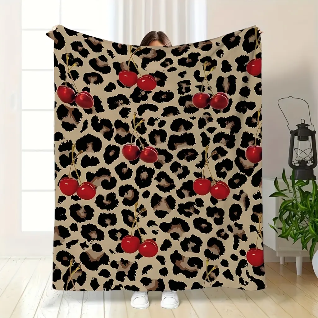 1 Piece Retro Leopard Cherry Print Crochet Flannel Blanket - Ultra Soft, Breathable, Stain Resistant All-Seasons Sofa Throw, Durable Plush Modern Home Decor, Machine Washable Comfortable Gift for Bed & Travel