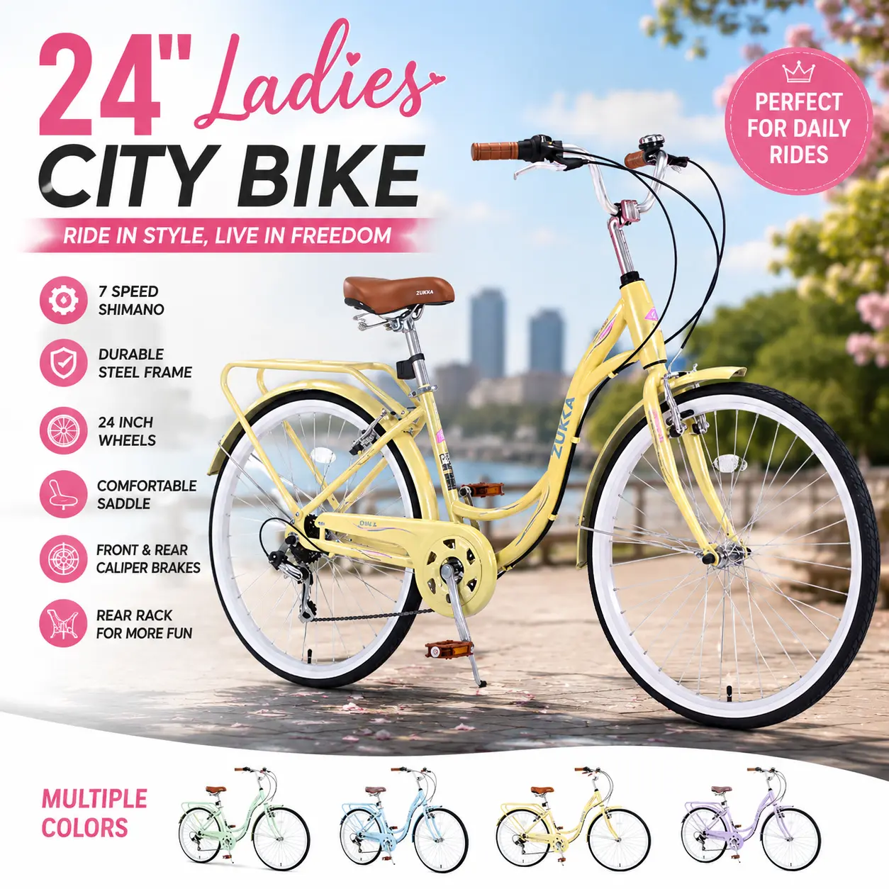 24 Inch Ladies Bicycle 7 Speed Comfort Cruiser Bike Durable Steel Frame Classic Step Thru Women Girls City Commuter Bicycle Multicolor Vintage Retro Beach Campus Town Hybrid Bicycle with V Brakes