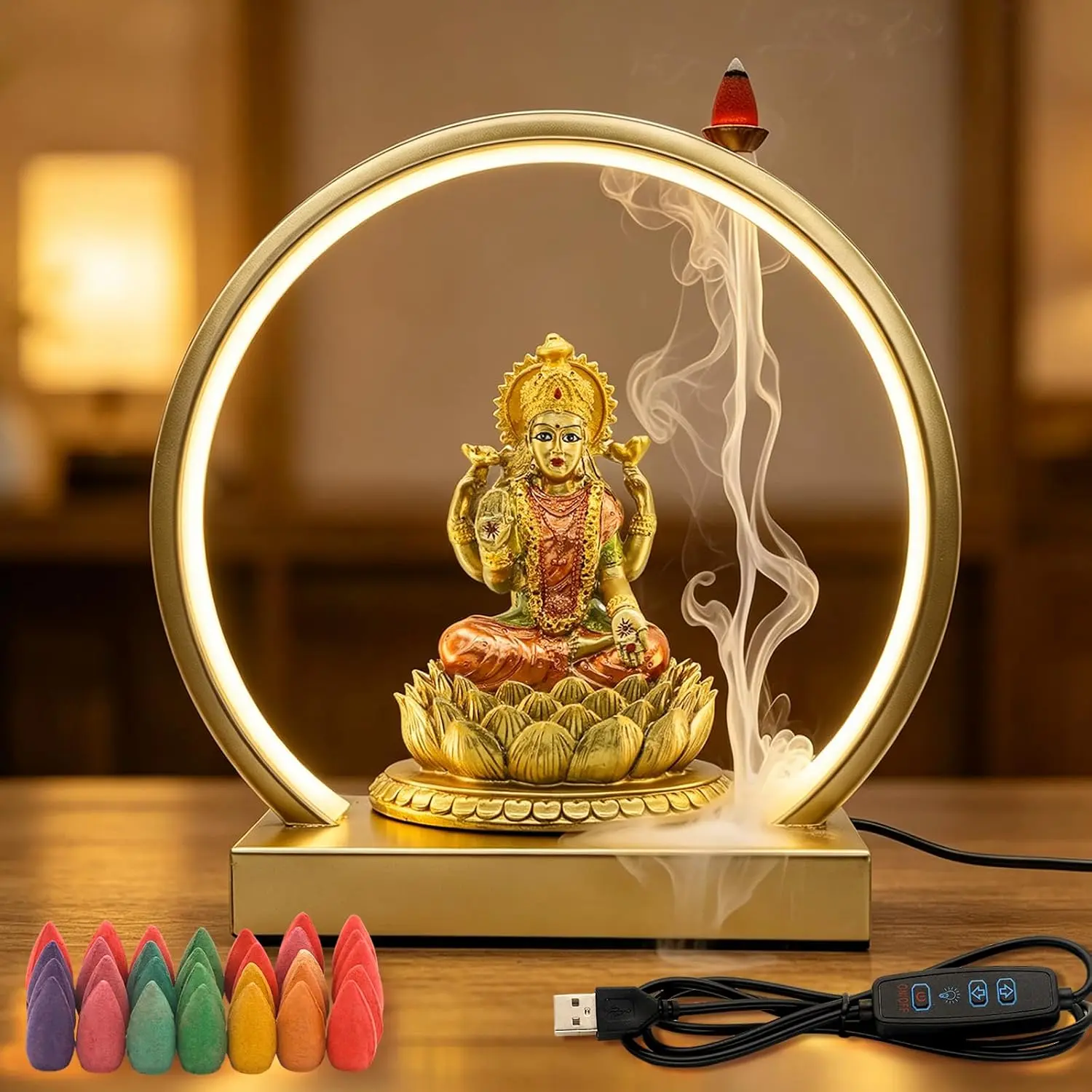 Hindu Lakshmi Goddess Murti with Backflow Incense LED Diwali Light | USB Powered, Resin Lord Laxmi Idol Statue for Diwali Decoration Hindu Pooja Mandir Housewarming Gift Puja Item