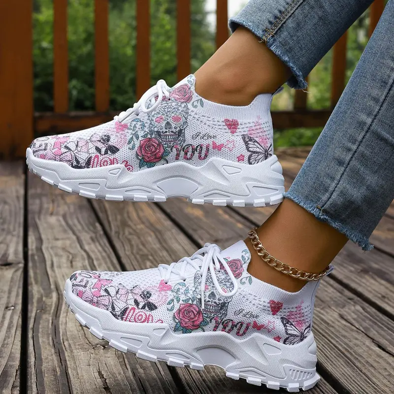 Women's Floral-Print Lace-Up Low-Top Sneakers, Casual Comfortable Breathable Athletic Shoes for Daily Wear