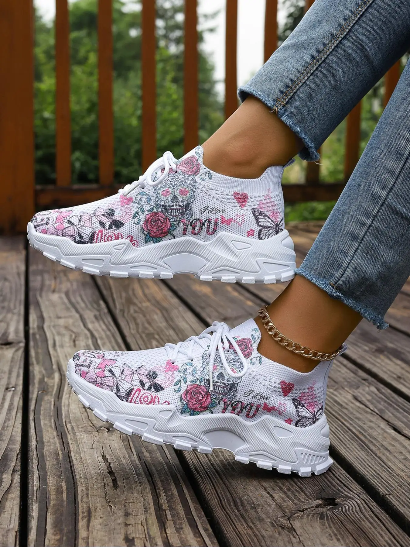 Women's Fashionable Floral Print Lace Up Low Top Sneakers, 2024 New Style Casual Comfortable Breathable Sports Running Shoes, All-match Basic Shoes fo