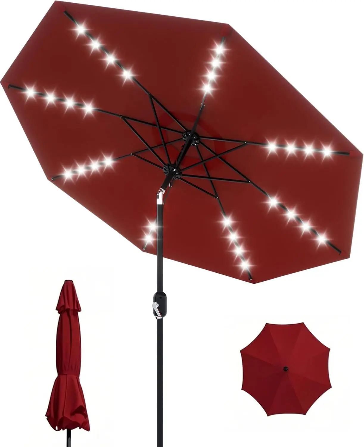 Gaomon 9 ft Fade-Resistant Windproof Waterproof Sun Protection Alloy Steel Outdoor Patio Umbrella - 8 Ribs, Hand Cranked & Tilting Arm, 32 LED Solar Lights, 1800 mAh, Stable for Pool, Outdoor Dining