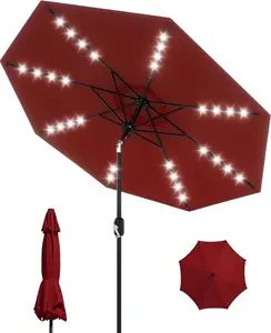 9 ft Patio Umbrella with Solar Lights, 8 Ribs Outdoor Market Table Umbrella with 32 LED Lights & Tilt Crank for Pool, Deck, Backyard, Red