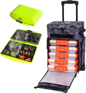 VORVIL Fishing Tackle Box with Rolling Wheels, 5 Heavy-Duty Plastic Lure Boxes, 4 Rod Holders, Padded Storage Compartment, and 184 Pc. Bait Set, Waterproof, Freshwater or Saltwater Fish
