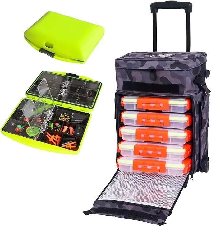 VORVIL Fishing Tackle Box with Rolling Wheels, 5 Heavy-Duty Plastic Lure Boxes, 4 Rod Holders, Padded Storage Compartment, and 184 Pc. Bait Set, Waterproof, Freshwater or Saltwater Fish