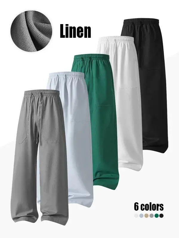Men's linen fashionable loose sports pants, versatile in all seasons, suitable for wide leg casual pants, comfortable home pants, and daily sports pants
