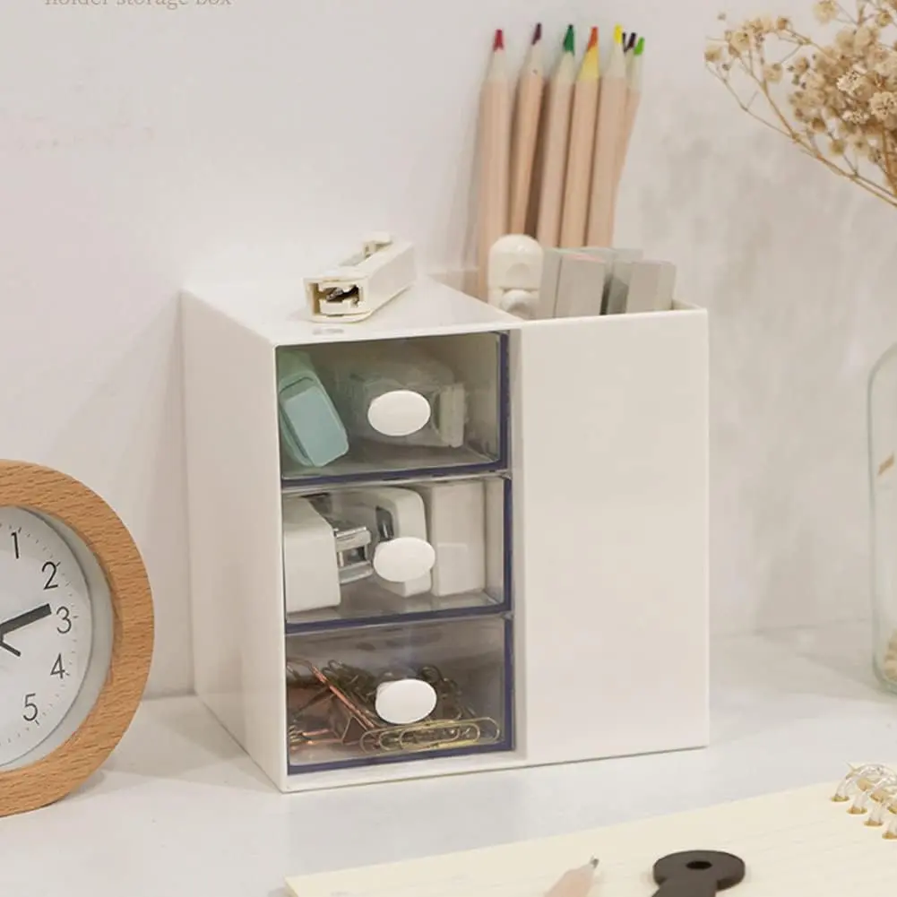 5-Compartment ABS Plastic Desk Organizer - Pen Holder for Pen Organization, Transparent Drawers, School/Office Art Supplies Storage, Gift for Teachers (White)